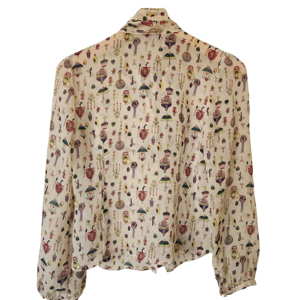Subi Sheer Cream Printed Blouse Bow Feminine Coquette Pretty Romantic Girly Cute - Picture 2 of 11